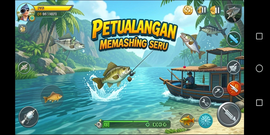 Screenshot gameplay DY01 yang menunjukkan aksi memancing yang mendebarkan.
