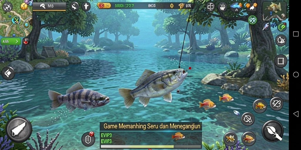 Screenshot gameplay EVIP3 menunjukkan pengalaman memancing yang seru.