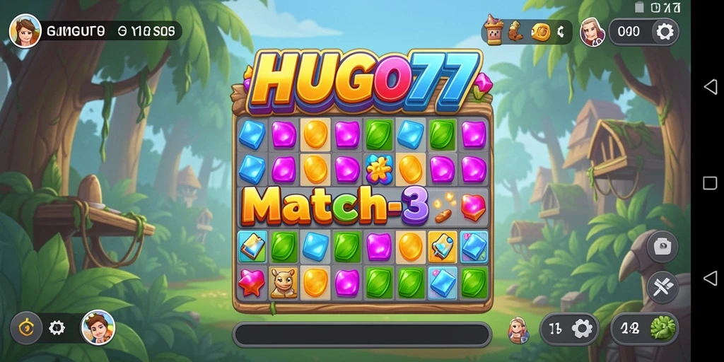 Tangkapan layar HUGO77 menampilkan gameplay Match-3 yang penuh warna dan menyenangkan.