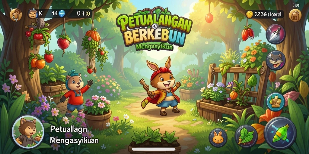 Screenshot utama K234 menampilkan gameplay berkebun yang menawan dan interaktif.